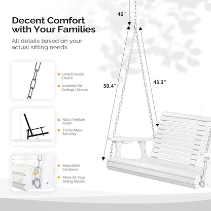 VINGLI XL Size Patio Wooden Porch Swing Outdoor with Cup Holders, Heavy Duty 880 LBS Hanging Swing Chair Bench with Hanging Chains for Yard, Lawn, Garden (4 FT Pro, White)