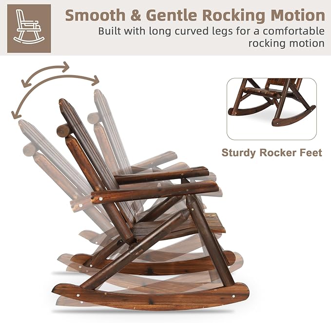 Outdoor Wooden Rocking Chair, Patio Rustic Adirondack Porch Rocker, All Weather Solid Wood Log Rocker Chair with High Back & Slatted Seat for Indoor, Backyard, Garden, Carbonized