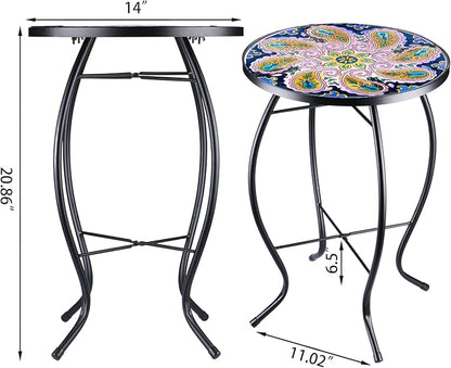 VCUTEKA Outdoor Side Table Mosaic End Table Patio Side Table Small End Table Glass Top Round Balcony Coffee Table Porch Indoor Glass Top
