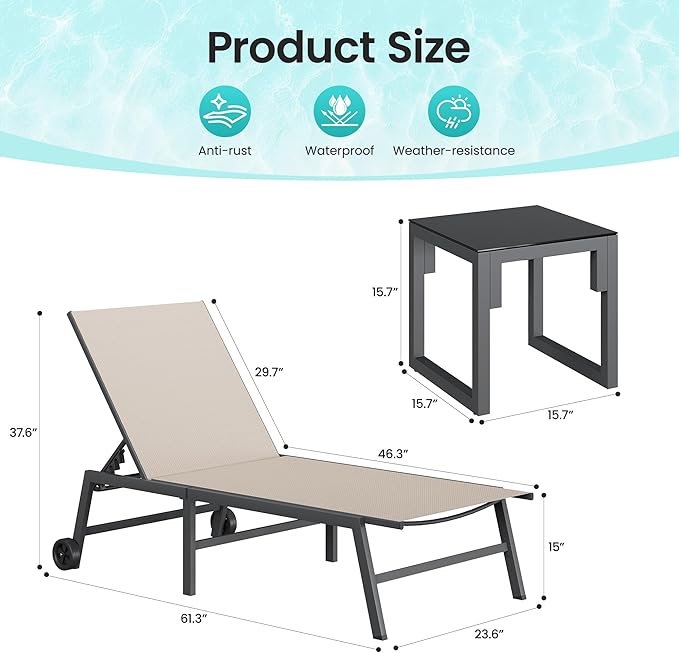 Amopatio 3 Piece Patio Lounge Chairs Set 2 Pool Chaise Lounges with Wheels and 1 Side Table 5-Position Adjustable Lounge Furniture with Heavy-Duty Steel for Backyard Poolside,400 LBS Capacity, Khaki