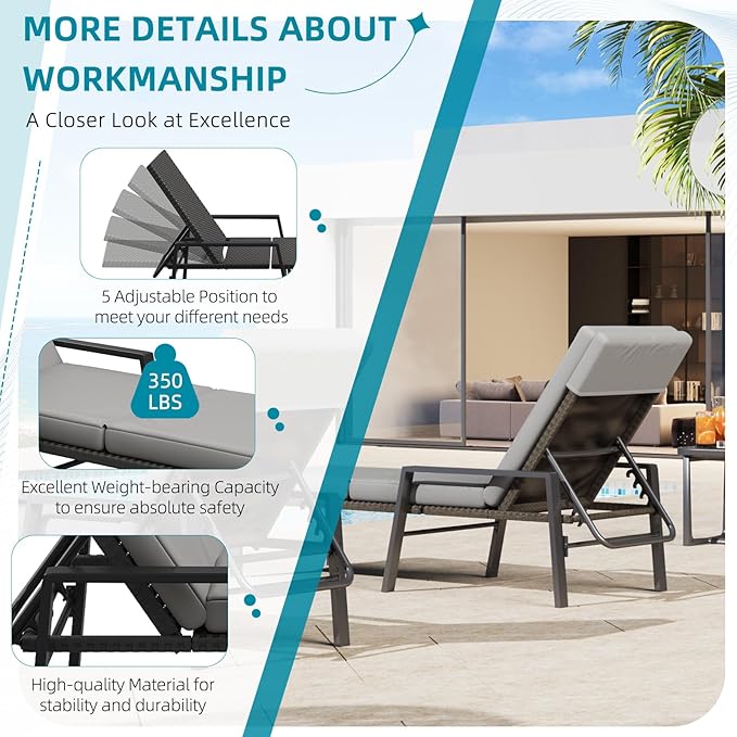 AECOJOY Chaise Lounge Chairs for Outside Set of 2, Adjustable Wicker PE Rattan Patio Pool Recliner Chair with Removable Cushion for Beach, Patio, Poolside, Lawn, Black Rattan&Dark Grey Cuchion