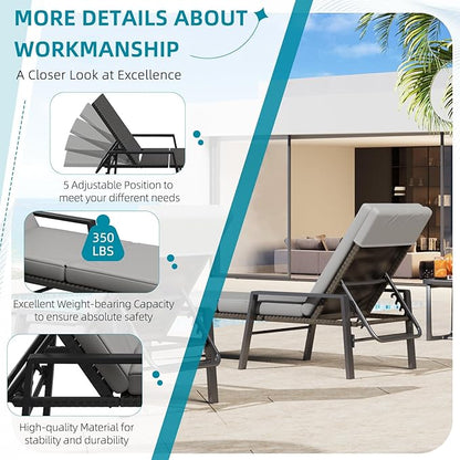 AECOJOY Chaise Lounge Chairs for Outside Set of 2, Adjustable Wicker PE Rattan Patio Pool Recliner Chair with Removable Cushion for Beach, Patio, Poolside, Lawn, Black Rattan&Dark Grey Cuchion