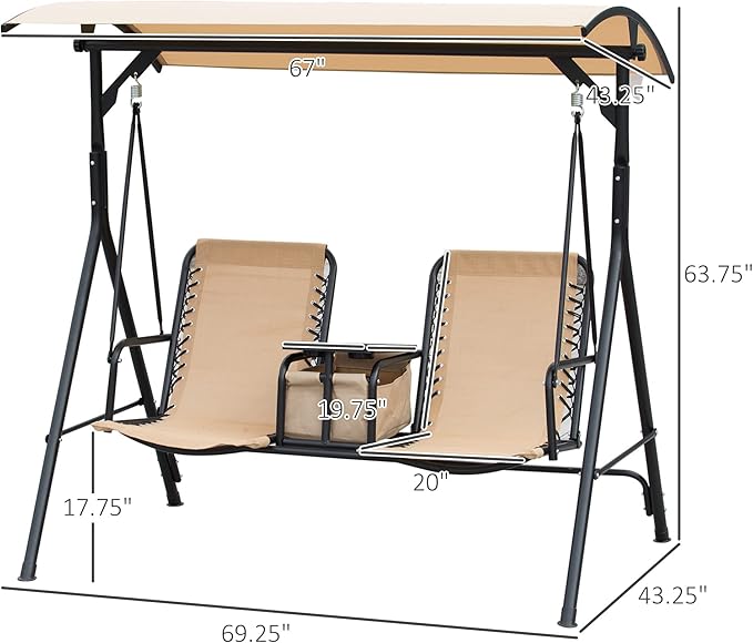 Outsunny 2-Seat Patio Swing Chair, Outdoor Canopy Swing Glider with Pivot Storage Table, Cup Holder, Adjustable Shade - Photo 7