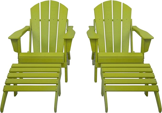 WestinTrends Malibu Outdoor Lounge Chair Set, 4-Pieces Adirondack Chair Set of 2 with Ottoman, All Weather Poly Lumber Patio Lawn Folding Chair for Outside Pool Beach, Lime