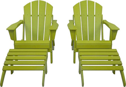 WestinTrends Malibu Outdoor Lounge Chair Set, 4-Pieces Adirondack Chair Set of 2 with Ottoman, All Weather Poly Lumber Patio Lawn Folding Chair for Outside Pool Beach, Lime