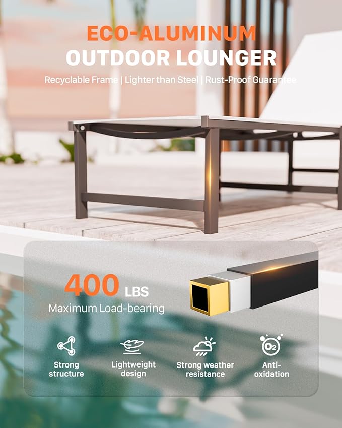 Chaise Lounge Chair Outdoor, Aluminum PatioChairs with 5 Adjustable Backrest and HeadrestPillows for Outside Beach，White - Photo 5