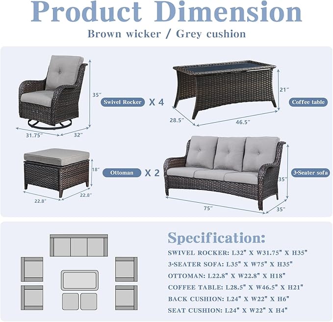 Belord Wicker Patio Furniture Sets - 8 Piece Rattan Outdoor Furniture Conversation Sets with 4 Swivel Rocker Chairs - Photo 2
