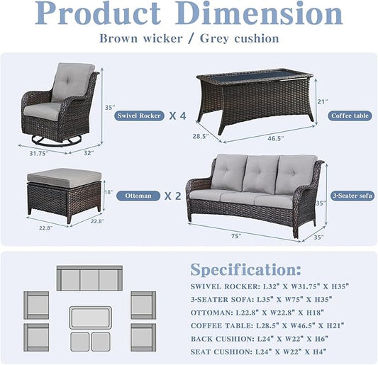 Belord Wicker Patio Furniture Sets - 8 Piece Rattan Outdoor Furniture Conversation Sets with 4 Swivel Rocker Chairs, Rattan Sofa, Wicker Ottomans and Coffee Table, Brown/Grey