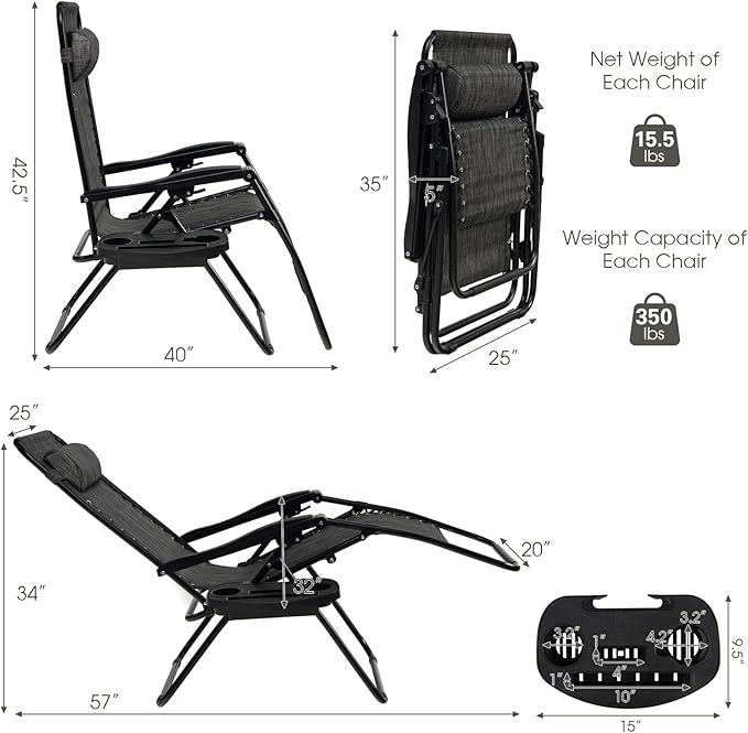 Goplus Zero Gravity Lounge Chairs, 160°Adjustable Folding Recliner w/Pillow and Cup Holder, 350LBS Comfy Outdoor Lounge Chairs for Patio, Lawn, Yard & Camp(Set of 2, Gray)