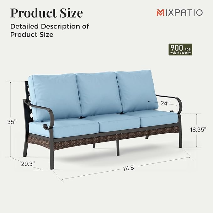 Patio Furniture Sofa, 3-Seat Patio Sofa Steel Frame Outdoor Sectional Couch with Deep Seating and 5.75” Cushions for - Photo 2