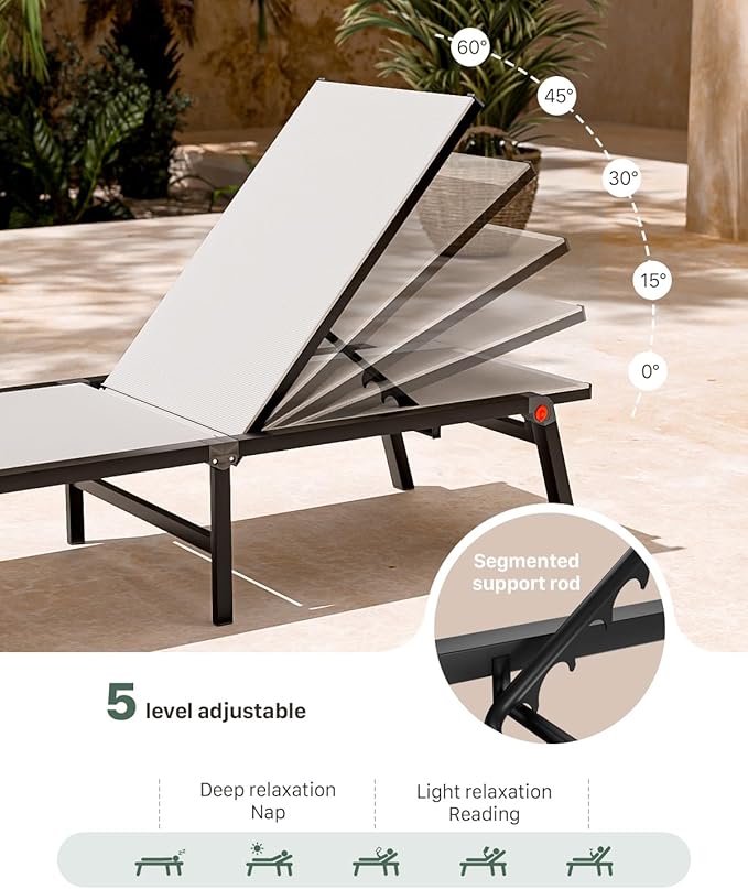 Aluminum Patio Chaise Lounge Chair Set of 2 with Side Table,5-Position Adjustable Backrest,Foldable Lounge Chair Outdoor,Pool Lounge Chairs for Poolside,Lawn,Deck,Beach (White, 2 Pack+Table)