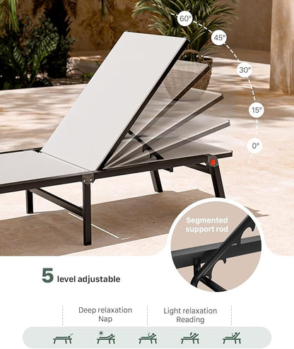Aluminum Patio Chaise Lounge Chair Set of 2 with Side Table,5-Position Adjustable Backrest,Foldable Lounge Chair Outdoor,Pool Lounge Chairs for Poolside,Lawn,Deck,Beach (White, 2 Pack+Table)
