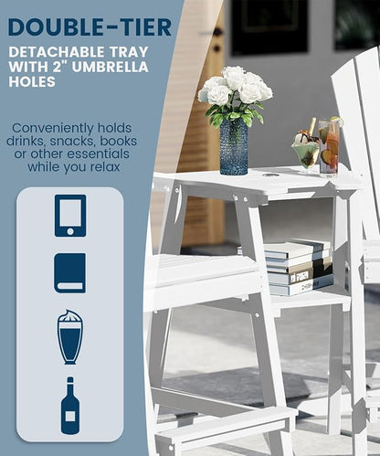 FOOWIN Tall Adirondack Chair Set of 4, All Weather HDPE Bar Height Adirondack Chair with Double Connecting Trays, Adirondack Barstools for Balcony, Deck, Backyard, Patio, Garden White