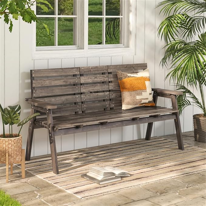 Rustic Outdoor Wooden Bench with Foldable Middle Table,63" 2-3 Persons Porch Bench with Wide Armrests and Slatted Surface,710 LBS Capacity Fir Wood Garden Bench,Coffee