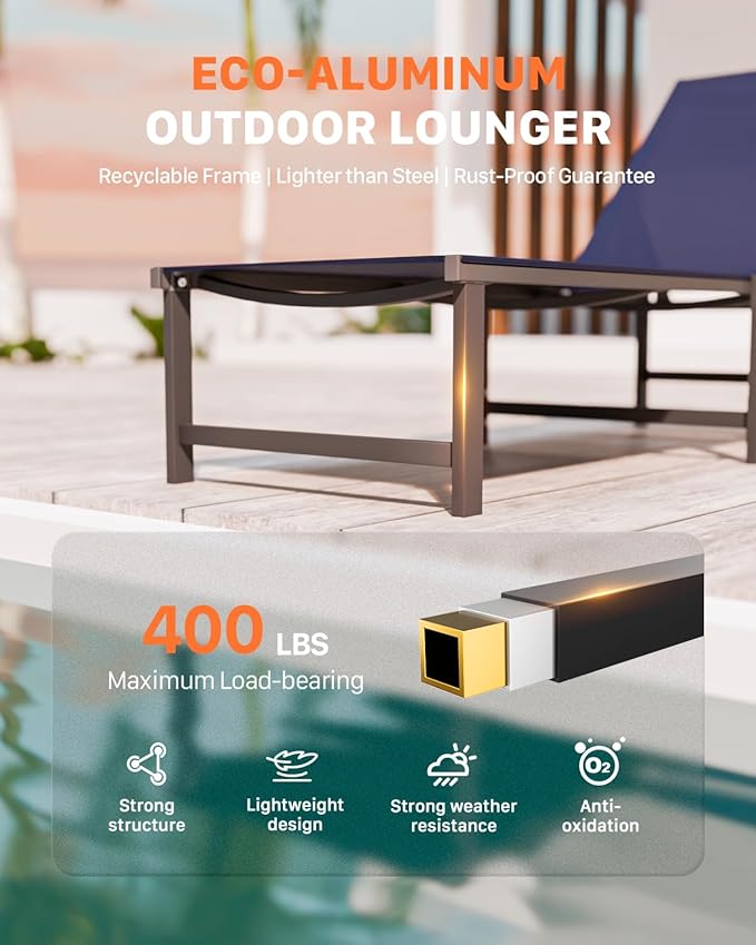 Chaise Lounge Chair Outdoor,Aluminum Patio Lounge Chairs Set of 2,Pool Lounge Chairs with 5 Adjustable Backrest and Headrest Pillows for Outside Beach，NavyBlue
