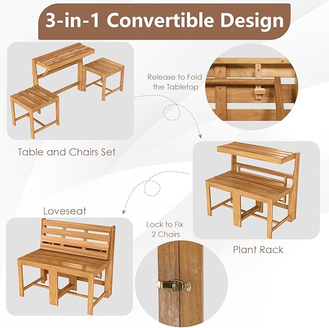 Tangkula 3-in-1 Outdoor Acacia Wood Loveseat Bench Furniture, Patio Table and Chairs Set with Plant Rack Design, for Garden, Porch and Backyard
