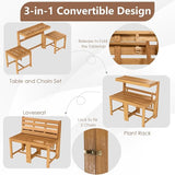Tangkula 3-in-1 Outdoor Acacia Wood Loveseat Bench Furniture, Patio Table and Chairs Set with Plant Rack Design - Photo 5