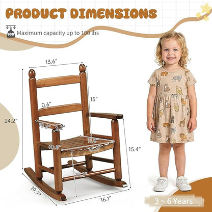 Outvita Kids Rocking Chair, Ergonomic Sturdy Toddler Rocking Chair with High Backrest & Rounded Armrests, Safe Solid Wood Baby Rocker Chair for Age 3-6, Outdoor, Living Room, Reading Room(Brown)