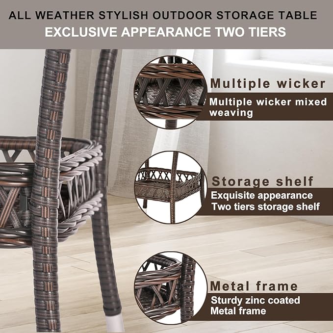 Outdoor Side Table Wicker Outdoor End Table for Patio Outside Brown Patio Coffee Square Tables with Storage & Glass Top - Photo 7