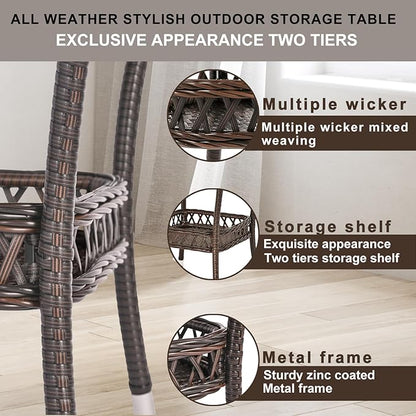 Outdoor Side Table Wicker Outdoor End Table for Patio Outside Brown Patio Coffee Square Tables with Storage & Glass Top for Backyard Porch