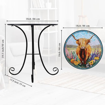 18" Outdoor Side Table, Highland Cattle Round Accent Table, Metal Indoor Small End Tables, Plant Stand Tables for Patio Yard Balcony Garden Bedside