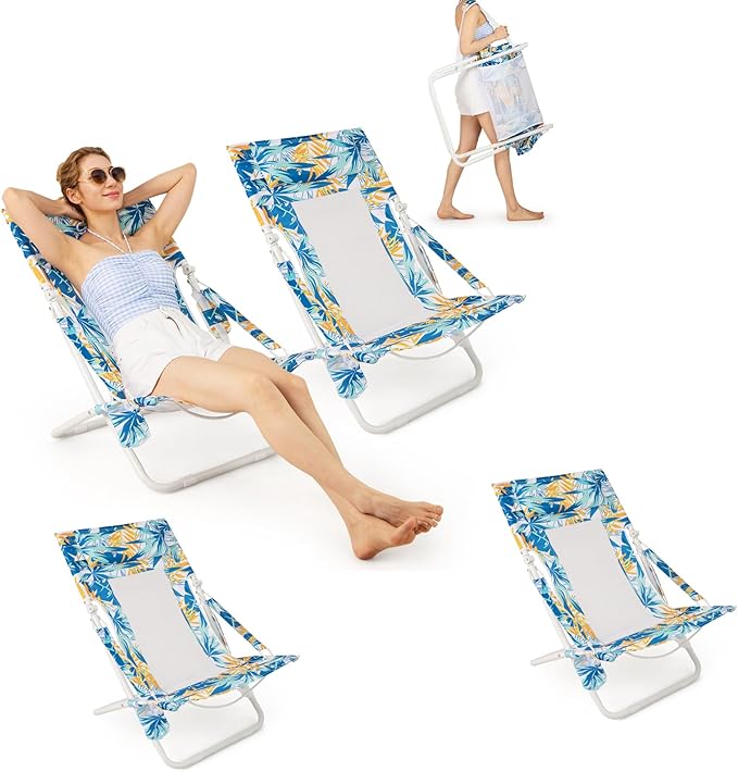GYMAX Beach Chair Set of 4, Folding Sling Chairs with Headrest, Cup Holder & Shoulder Strap, 330 LBS Portable Patio Lounge Chairs for Outside, Camping, Lawn, Deck, Backyard, Poolside (Blue,4 Pcs)