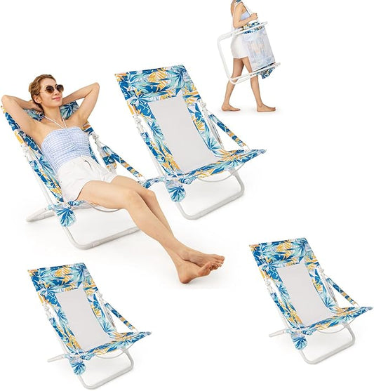 GYMAX Beach Chair Set of 4, Folding Sling Chairs with Headrest, Cup Holder & Shoulder Strap, 330 LBS Portable Patio Lounge Chairs for Outside, Camping, Lawn, Deck, Backyard, Poolside (Blue,4 Pcs)