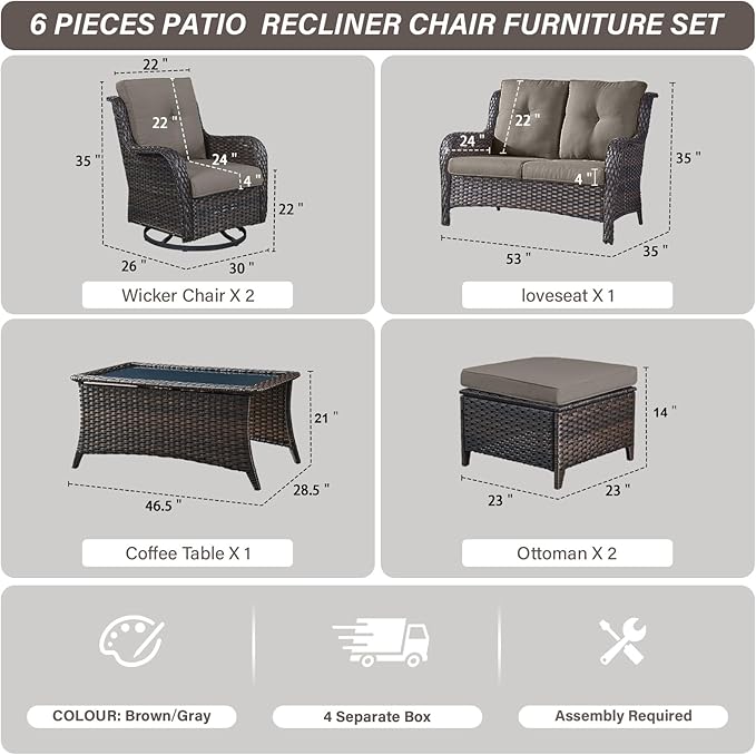 Belord 6 Piece Wicker Patio Furniture Set, Outdoor Swivel Rocker Chairs Set of 2 with Ottomans and Loveseat - Photo 2