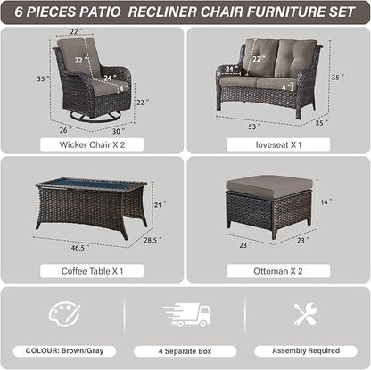 Belord 6 Piece Wicker Patio Furniture Set, Outdoor Swivel Rocker Chairs Set of 2 with Ottomans and Loveseat, All Weather Patio Conversation Furniture Set, for Pool,Yard,SunroomBrown Wicker/Gray