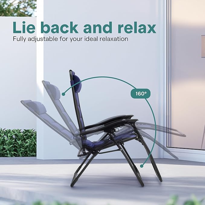 SereneLife Oversized Padded Zero Gravity Lounge Chair, Foldable Outdoor Patio Recliner, Anti Gravity Lawn Recliner with Cup Holder and Side Table for Backyard, Camping, Beach or Outdoor Relaxation