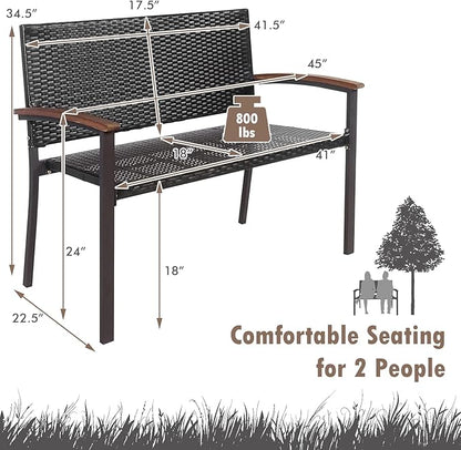 Tangkula Outdoor Stackable Bench, All-Weather PE Wicker Loveseat with Acacia Wood Armrests, 2-Person Heavy Duty Metal Frame Patio Bench, for Garden, Front Porch, Courtyard