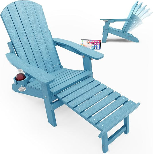 YEFU Adjustable Adirondack Chair with Footrest, 5-Level Adjustable Adirondack Chair with Retractable Ottoman & 2 Cup Holder, Folding Adirondacks Chairs Use for Outdoor, Pool, Patio, Fire Pit (Blue)