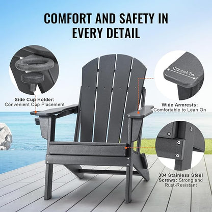 VEVOR Folding Adirondack Chairs Set of 2 with Cup Holder, All-Weather Portable Plastic Fire Pit Chair, Outdoor Adirondack Patio Chair, with Relaxing Arm Rest Ergonomic, for Garden, Backyard, Gray