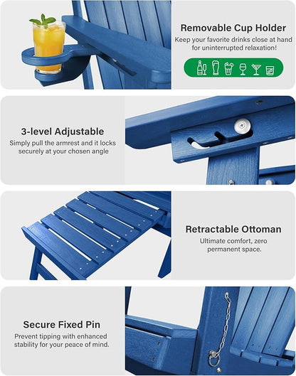 YEFU Folding Adirondack Chair with Footrest: Adjustable Adirondack Chairs with Retractable Ottoman - Sturdy HDEP Plastic with Cup Holder - All Weather for Outdoor/Patio/Fire Pit/Outside/Pool(Blue)