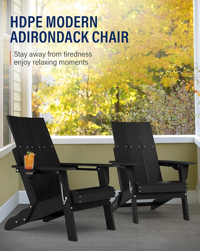 Adirondack Chair with Cup Holder: Folding Adirondack Chairs Set of 4 Plastic HDPE Material Furniture - Modern Composite Fire Pit Chairs Foldable for Outdoor/Backyard/Garden/Lawn/Deck/Porch