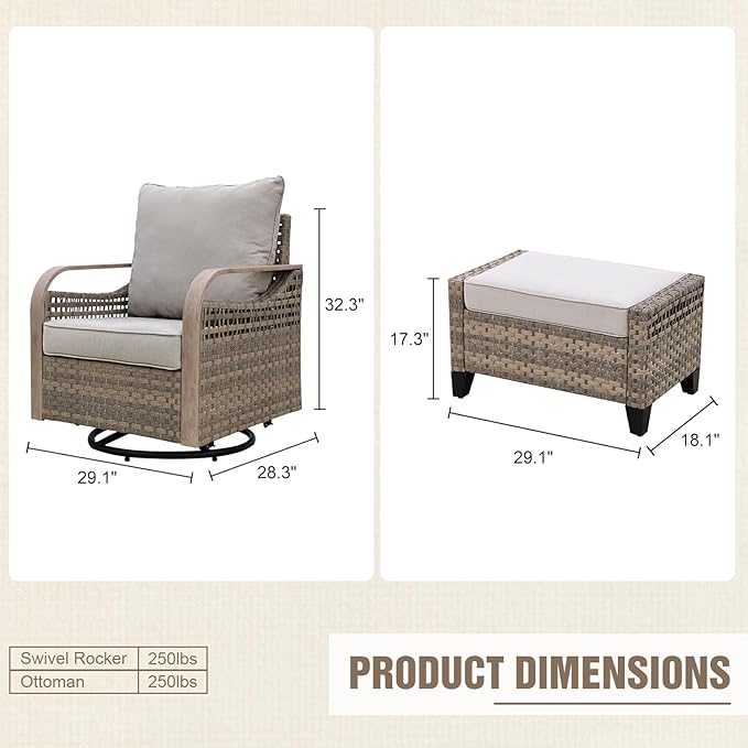 Modern Wicker Outdoor Swivel Rocking Chairs, Rattan Glider Rocker Patio Furniture for Backyard, Deck, Porch, Garden, 2 Chairs 2 Ottomans, Brown/Gray