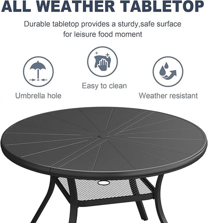 VICLLAX Round Patio Dining Table, 4 Person Aluminum Outdoor Dining Table with Umbrella Hole and Storage Shelf for Garden Lawn Deck, 40.6" Black