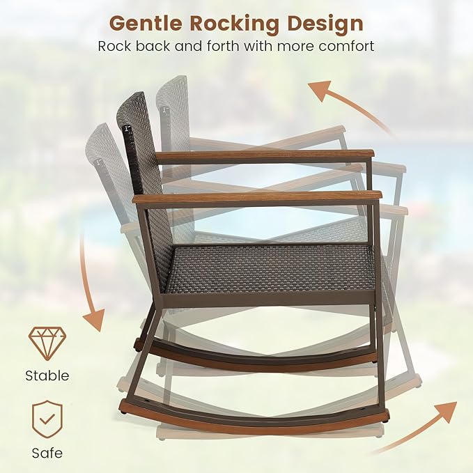 HAPPYGRILL 3-Piece PE Rattan Outdoor Rocking Chair Set with Coffee Table, Gentle & Smooth Rocking, Soft Seat Cushions, Ergonomic Design, Relaxing & Dining Conversation Set
