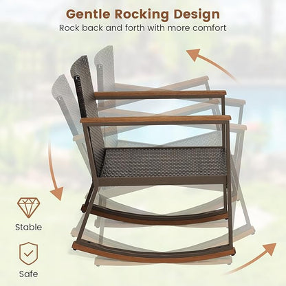 HAPPYGRILL 3-Piece PE Rattan Outdoor Rocking Chair Set with Coffee Table, Gentle & Smooth Rocking, Soft Seat Cushions, Ergonomic Design, Relaxing & Dining Conversation Set
