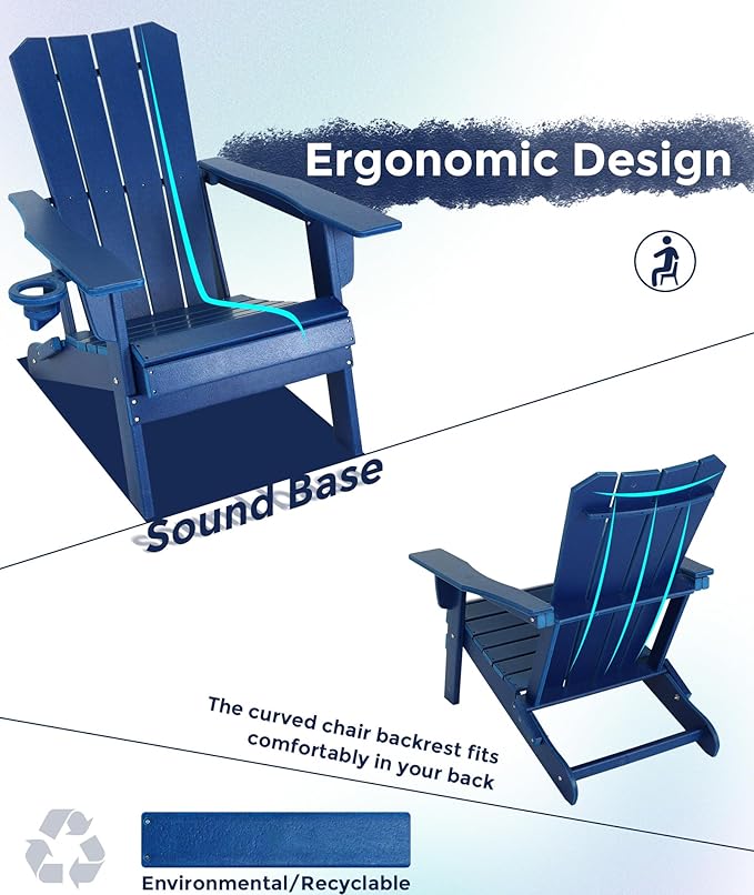 Adirondack Chair Oversized Folding Adirondack Chairs Recyclable HDPE Modern Adirondack Chair with Cup Holder Poly Lumber Patio Chairs for Pool Patio Garden Outdoors Fire Pit Blue