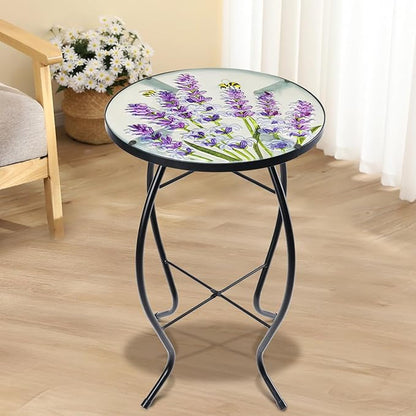 MUMTOP Outdoor End Tables for Patio, Lavender Small Round Side Table, Glass Accent Table for Outside, Garden, Balcony, Porch, Indoor Home Decor