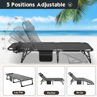 MOPHOTO Folding Lounge Chair 5-Position, Folding Cot, Portable Outdoor Chaise Lounge Chair for Sun Tanning, Perfect for Pool Beach Patio Sunbathing