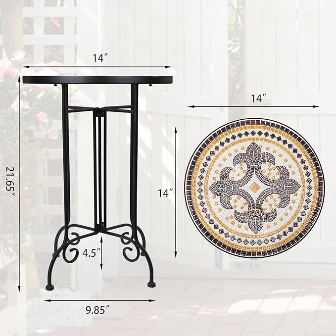 VCUTEKA Mosaic Outdoor Side Table, Round Rustproof Patio Tables with 14" Ceramic Tile Top, Indoor Porch Accent Table for Yard, Garden, Living Room, Bistro Balcony, Brown