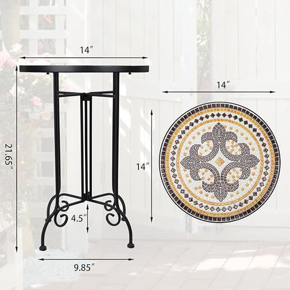 VCUTEKA Mosaic Outdoor Side Table, Round Rustproof Patio Tables with 14" Ceramic Tile Top, Indoor Porch Accent Table for Yard, Garden, Living Room, Bistro Balcony, Brown