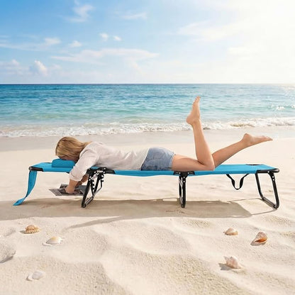 GYMAX Tanning Chair, Folding Lounge Chairs with Face Hole & Cover, Removable Pillow Carry Handle, Portable Compact Outdoor Layout Recliner for Beach, Poolside, Lawn, Patio, Camping (Turquoise,1)