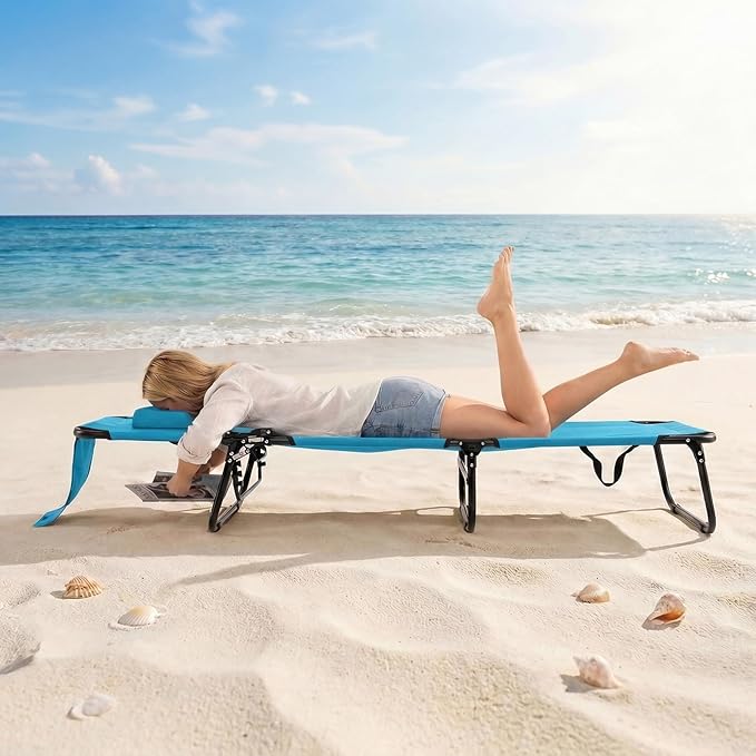 GYMAX Tanning Chair, Folding Lounge Chairs with Face Hole & Cover, Removable Pillow Carry Handle - Photo 9