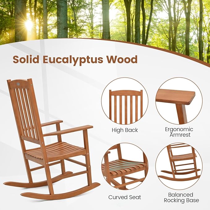 Tangkula Patio Rocking Chair with 400 lbs Weight Capacity, Eucalyptus Wood Porch Rocker with High Back, Patio Rocker Chair for Indoor and Outdoor Use (2)