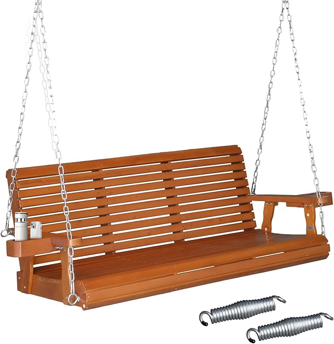 VINGLI XL Size Patio Wooden Porch Swing Outdoor with Cup Holders & Phone Slots - Photo 1