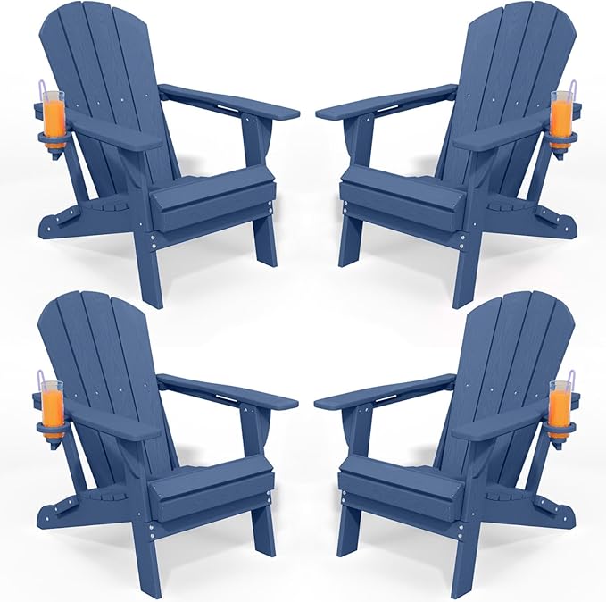 Foldable Adirondack Chair with Cup Holder-Heavy Duty Recycled HDPE Outdoor Patio Furniture, Weather Resistant Deck Lawn Fire Pit Chair (Navy, 4 Chair)