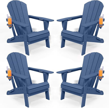Foldable Adirondack Chair with Cup Holder-Heavy Duty Recycled HDPE Outdoor Patio Furniture, Weather Resistant Deck Lawn Fire Pit Chair (Navy, 4 Chair)